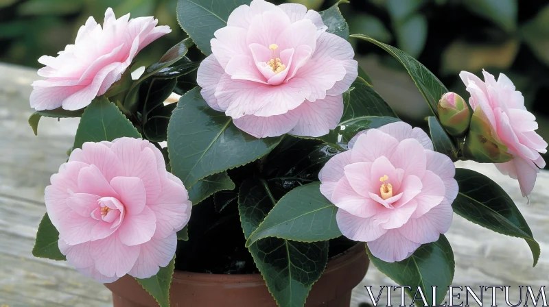 AI ART Pink Camellia Plant with Glossy Leaves