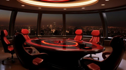 Red-Lit Conference Room Overlooking City at Night