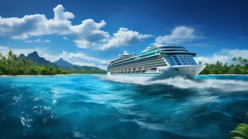 Sailing Cruise Ship in Tropical Sea | Lush Islands & Blue Sky