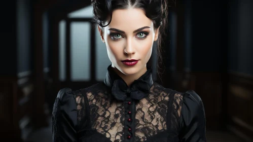 Serious Woman Portrait in Black Lace Blouse