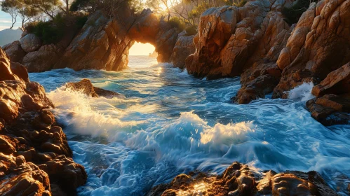 Stunning Seascape with Rock Arch and Turbulent Sea Waves