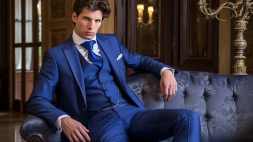 Confident Young Man in Blue Suit on Blue Sofa