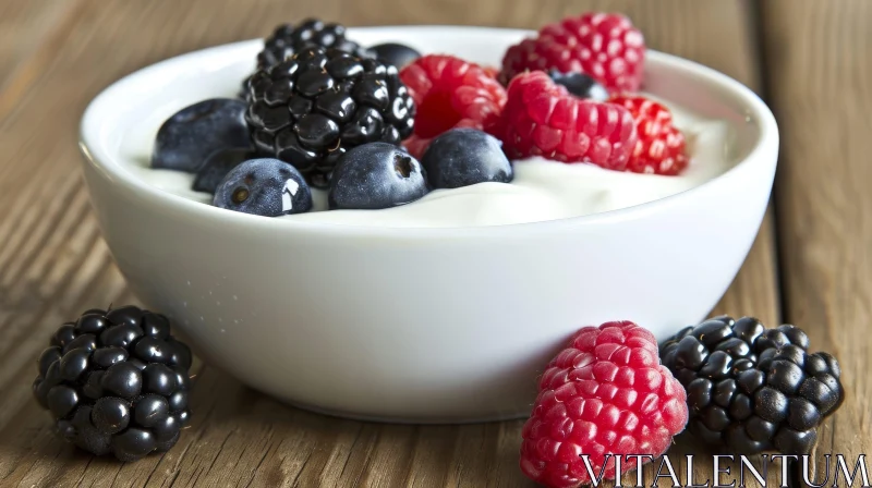 Delicious Yogurt Bowl with Fresh Berries on Wooden Table AI Image