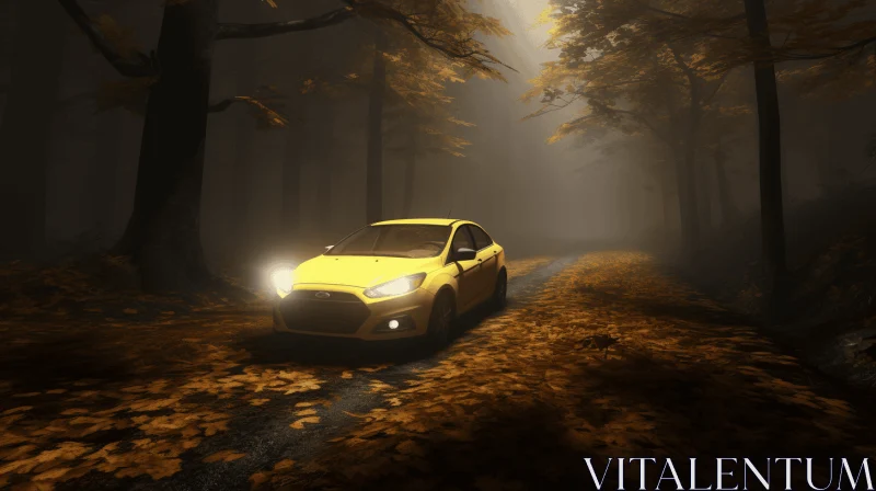 Enchanting Forest Drive: A Yellow Car in a Mystical Setting AI Image
