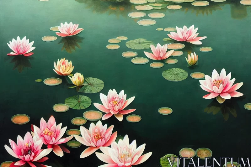Large Pink Water Lilies Painting in a Serene Pond AI Image