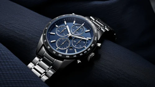 Men's Blue Dial Stainless Steel Wristwatch on Dark Blue Fabric