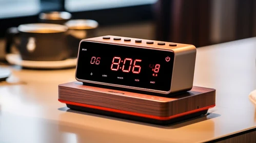 Modern Digital Alarm Clock on Wooden Base
