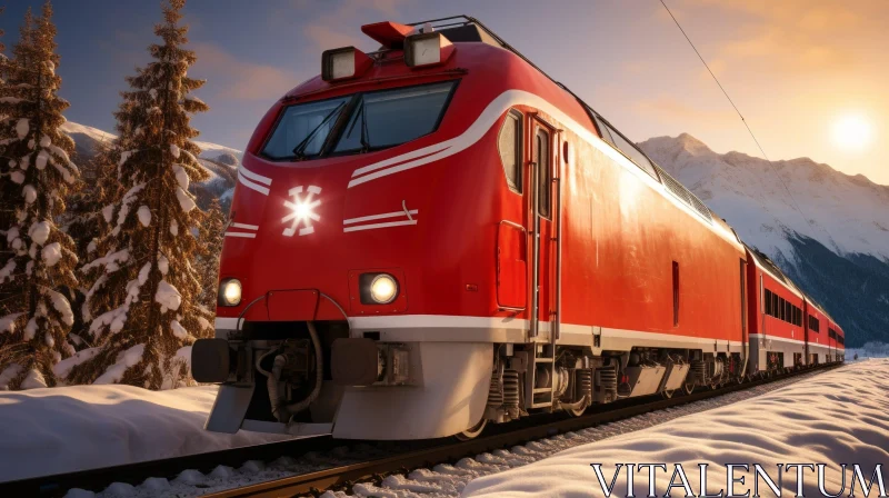 Red and White Train in Snowy Mountain Landscape AI Image
