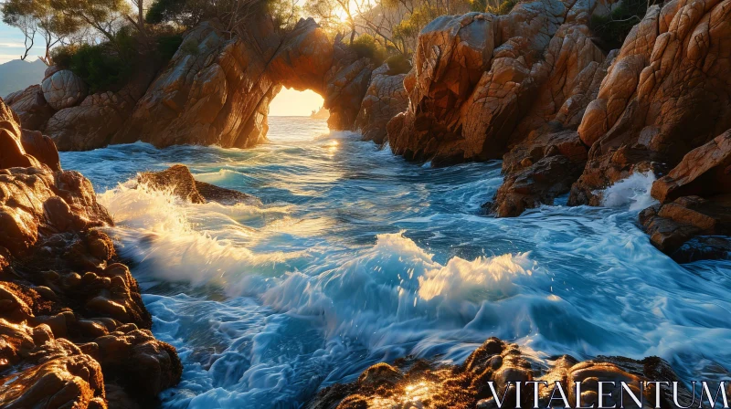 Stunning Seascape with Rock Arch and Turbulent Sea Waves AI Image