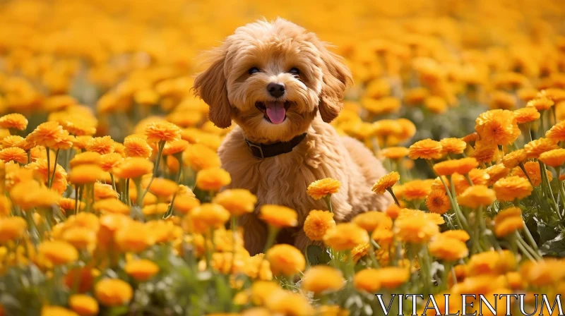 AI ART Cheerful Brown Toy Poodle Puppy in Yellow Flower Field
