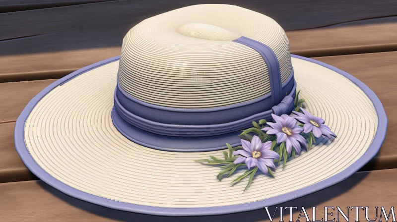 AI ART Elegant Straw Hat with Blue Ribbon and Purple Flowers