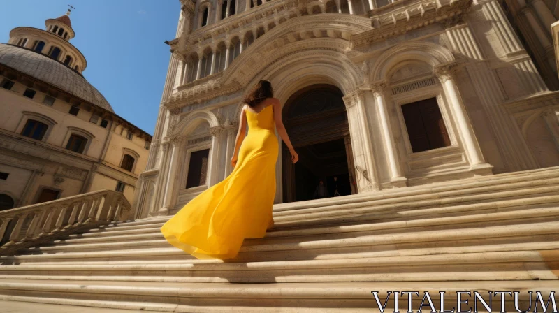 AI ART Elegant Woman in Yellow Dress Ascending Cathedral Stairs