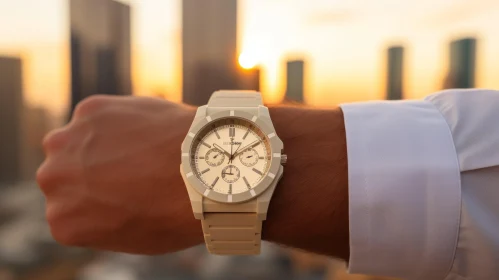 Man in White Shirt with Beige Watch at Sunset