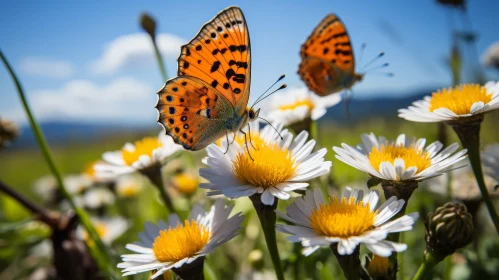 Orange Butterflies on Daisy Flower Close-up