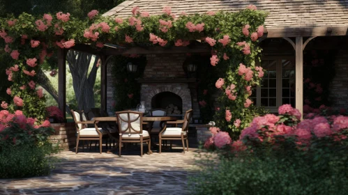 Tranquil Garden Scene with Pink Flowers and Wooden Patio