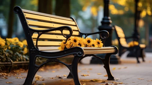 Tranquil Park Bench with Sunflowers