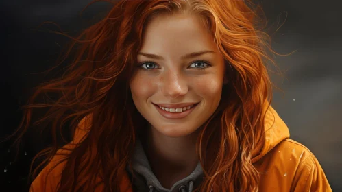 Young Woman Portrait with Red Hair and Raincoat