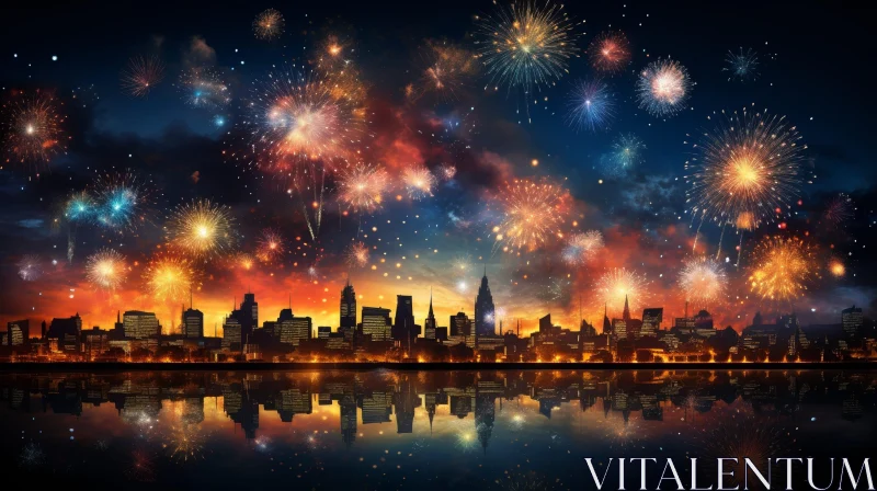 AI ART City Night Scene with Reflecting Fireworks
