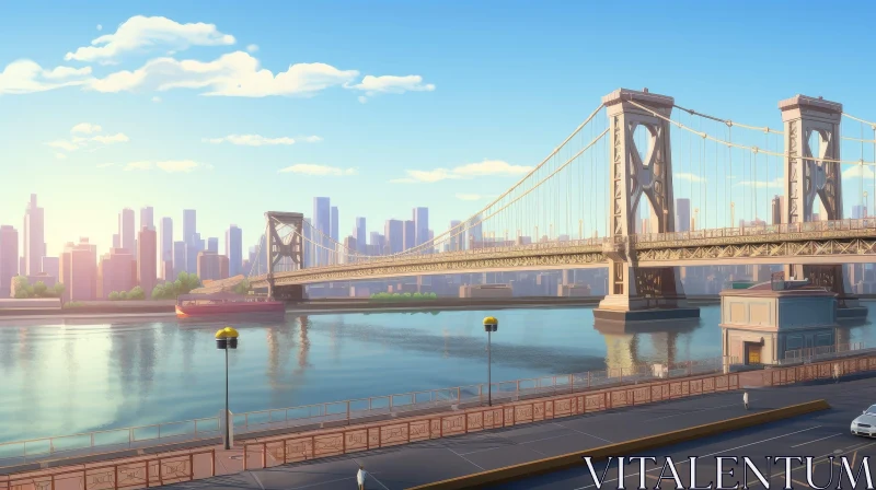 AI ART Cityscape with River and Majestic Bridge Under Blue Sky