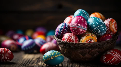 Colorful Easter Eggs in Wicker Basket on Wooden Table