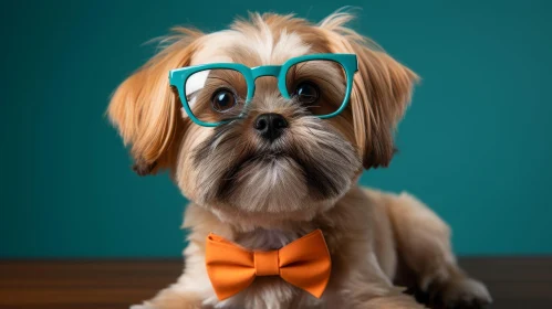 Curious Dog with Glasses and Bow Tie on Wooden Table