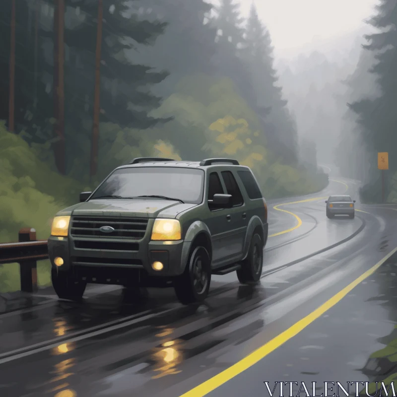 Driving Down a Mountain Road in a Forest - Digital Painting AI Image