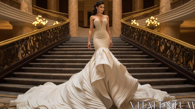 Elegant Woman in White Wedding Dress on Marble Staircase AI Image