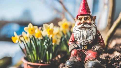 Enchanting Garden Gnome with Daffodils