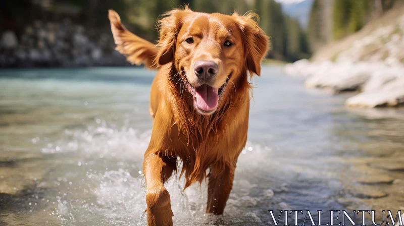 AI ART Golden Retriever Dog Running in River