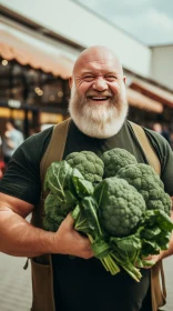 Happy Man Holding Broccoli in Market Setting