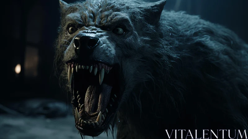 Intense Werewolf Close-up: Snarling Creature with Yellow Eyes AI Image