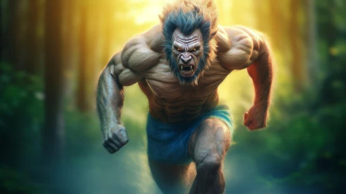 Muscular Werewolf Running Through Forest