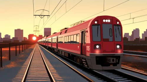 Red and Gray Commuter Train Speeding Past Urban Landscape at Sunset