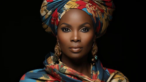 Serious African Woman in Floral Headscarf - Studio Portrait