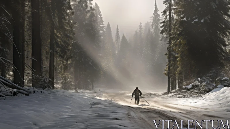 Skiing in Snowy Forest - Tranquil Winter Scene AI Image