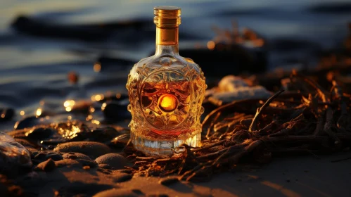 Sunset Beach Cognac Bottle on Sand