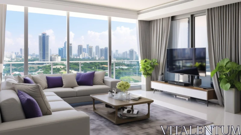 Urban Chic: Modern Living Room with City View AI Image