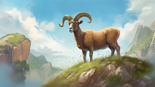 Bighorn Sheep Digital Painting on Rocky Hilltop