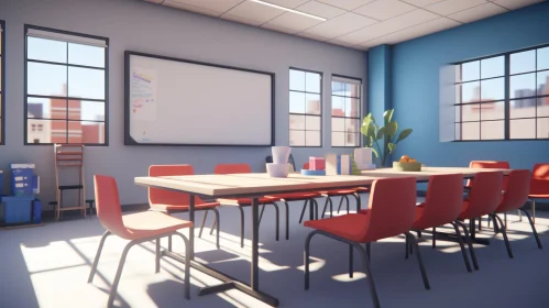 Bright Classroom Interior with Whiteboard and Sunlight