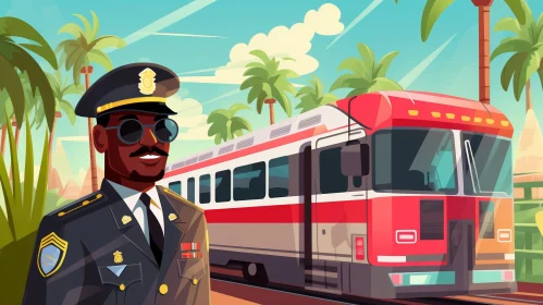 Cartoon Train Conductor with Palm Trees
