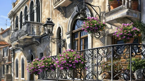 Charming Stone Building Painting with Flower Balcony
