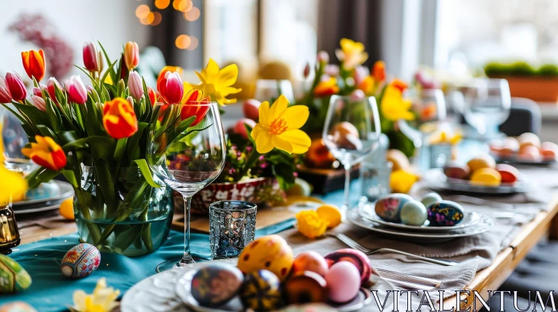 AI ART Easter Table Setting with Tulips - Festive Dining Decor