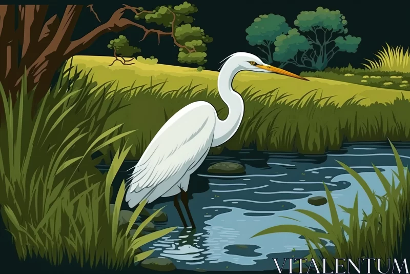 Graceful White Bird by a Serene Pond | Detailed Wildlife Illustration AI Image