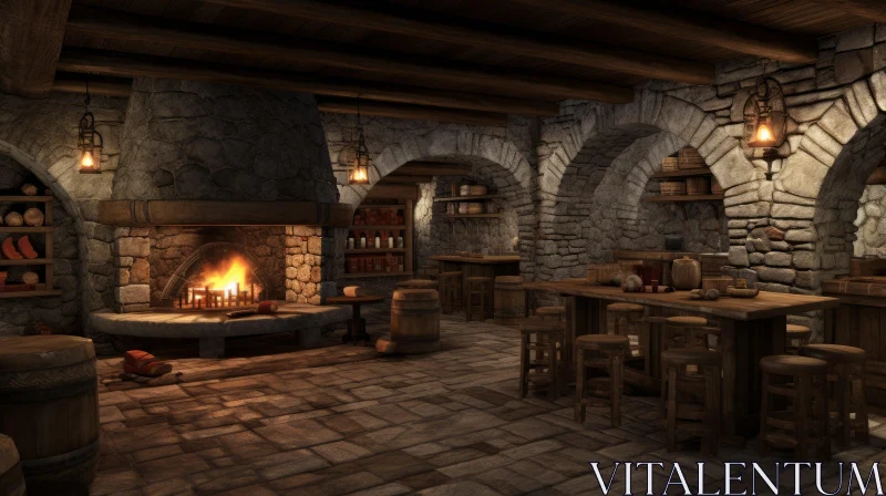 Medieval Stone Tavern 3D Rendering with Fireplace and Lanterns AI Image