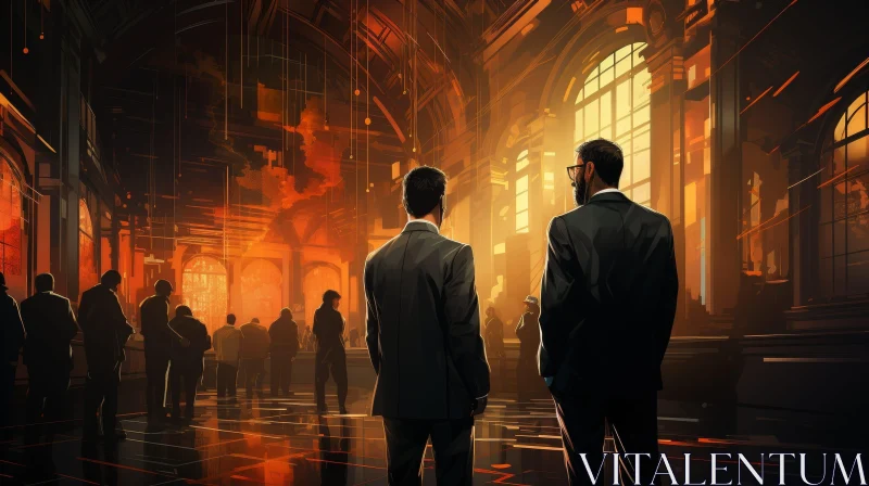 AI ART Men in Suits Standing in Brightly Lit Hall