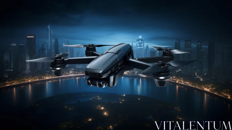 Night City Drone Over River Scene AI Image
