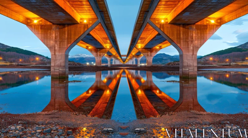 AI ART Serene Bridge Over River with Mountain Background