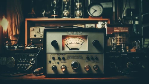 Vintage Metal Radio Receiver on Wooden Table