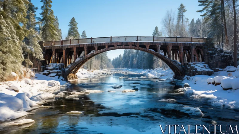 Winter Stone Bridge over Frozen River Photo AI Image