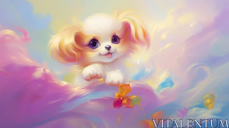 Adorable Cartoon Dog on Pink Cloud AI Image